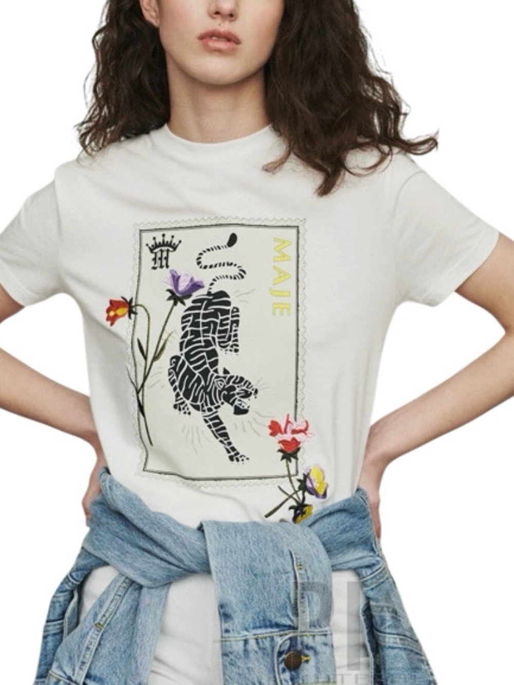 🐅 Maje White Tee with Black Tiger Stamp and Floral Embroidery SZ 1 / SM🥀 - Picture 5 of 17